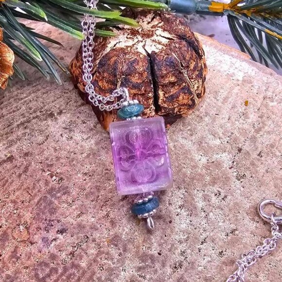 Nature Fluorite Carved Fret Symbols Cube Pendant Necklace - Picture 7 of 10